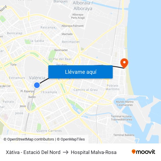 Estació Del Nord to Hospital Malva-Rosa map