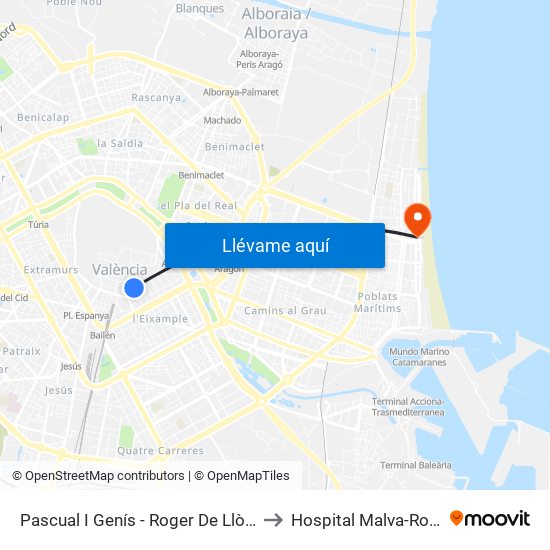 Pascual I Genís - Roger De Llòria to Hospital Malva-Rosa map
