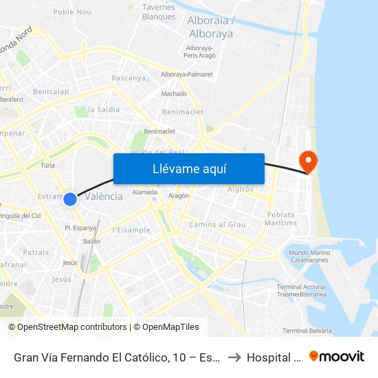 Gran Vía Fernando El Católico, 10 – Estació Metro Ángel Guimerá [València] to Hospital Malva-Rosa map