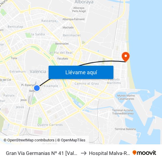 Gran Vía Germanias Nº 41 [València] to Hospital Malva-Rosa map