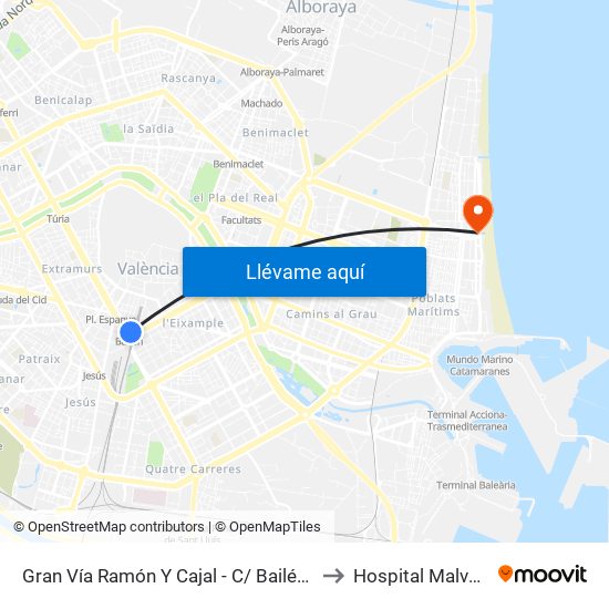 Gran Vía Ramón Y Cajal - C/ Bailén [València] to Hospital Malva-Rosa map