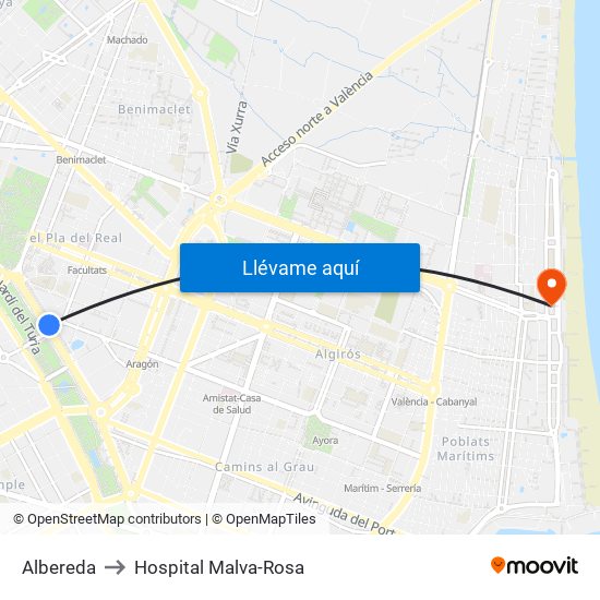 Albereda to Hospital Malva-Rosa map