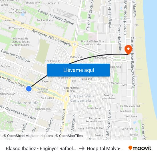 Blasco Ibáñez - Enginyer Rafael Janini to Hospital Malva-Rosa map
