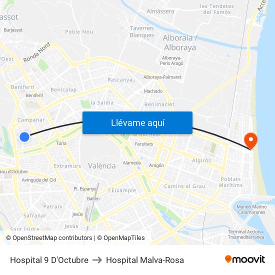 Hospital 9 D'Octubre to Hospital Malva-Rosa map