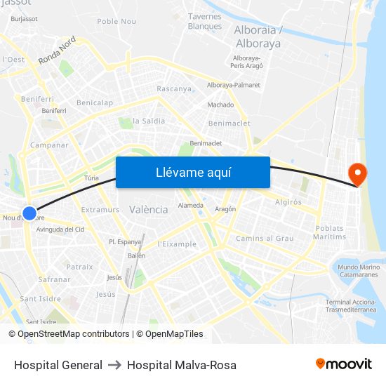 Hospital General to Hospital Malva-Rosa map