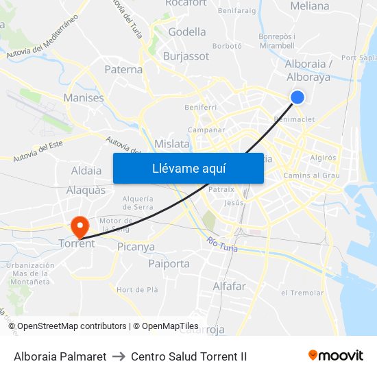Alboraia Palmaret to Centro Salud Torrent II map