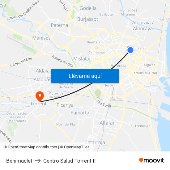 Benimaclet to Centro Salud Torrent II map