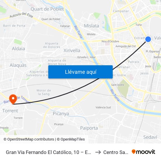 Gran Vía Fernando El Católico, 10 – Estació Metro Ángel Guimerá [València] to Centro Salud Torrent II map
