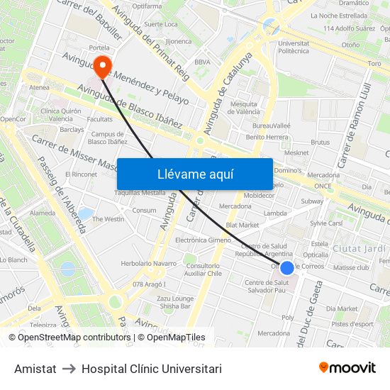 Amistat to Hospital Clínic Universitari map