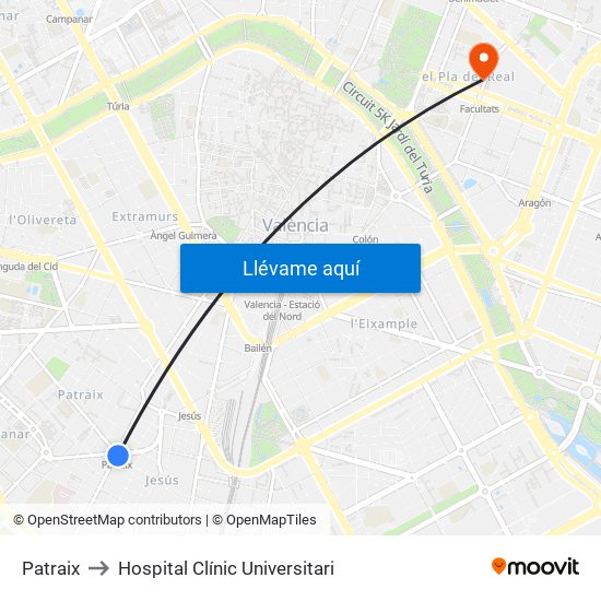 Patraix to Hospital Clínic Universitari map