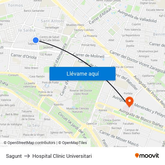 Sagunt to Hospital Clínic Universitari map