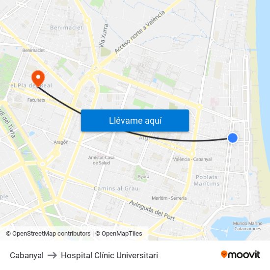 Cabanyal to Hospital Clínic Universitari map