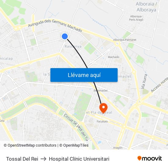 Tossal Del Rei to Hospital Clínic Universitari map