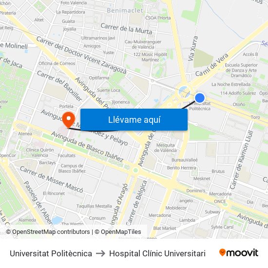 Universitat Politècnica to Hospital Clínic Universitari map