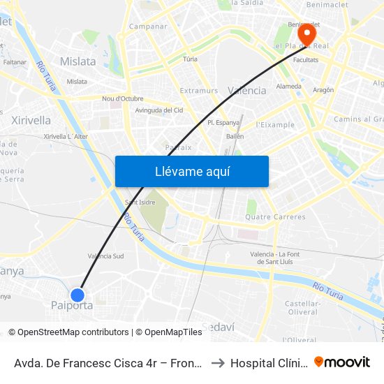 Avda. De Francesc Cisca 4r – Front Metro De Paiporta [Paiporta] to Hospital Clínic Universitari map