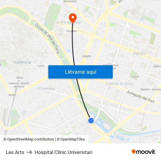 Les Arts to Hospital Clínic Universitari map