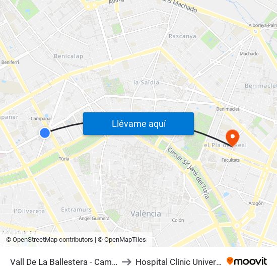 Vall De La Ballestera - Campanar to Hospital Clínic Universitari map