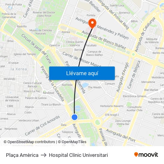 Plaça Amèrica to Hospital Clínic Universitari map