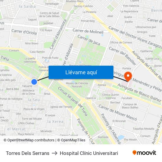 Torres Dels Serrans to Hospital Clínic Universitari map