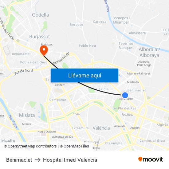 Benimaclet to Hospital Imed-Valencia map