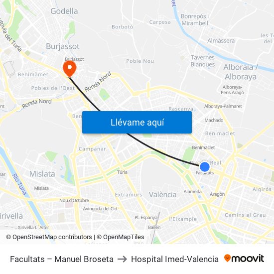 Facultats – Manuel Broseta to Hospital Imed-Valencia map