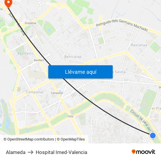 Alameda to Hospital Imed-Valencia map