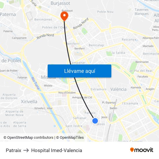 Patraix to Hospital Imed-Valencia map