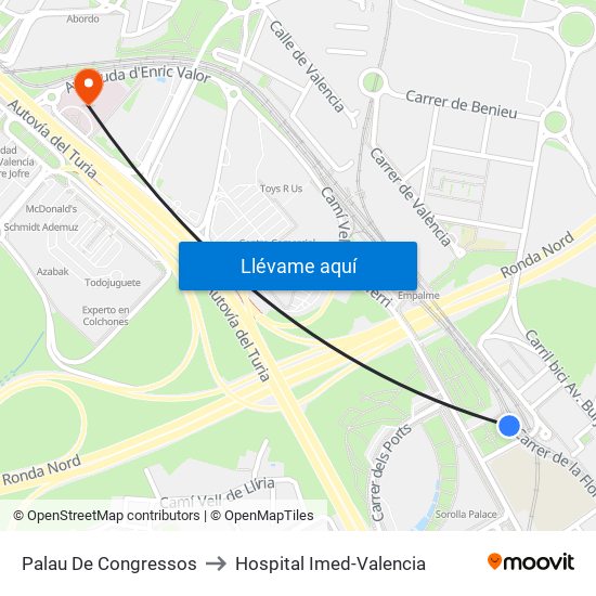 Palau De Congressos to Hospital Imed-Valencia map