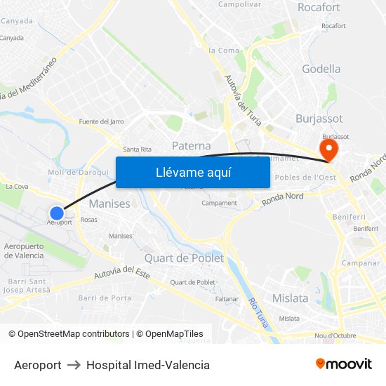 Aeroport to Hospital Imed-Valencia map