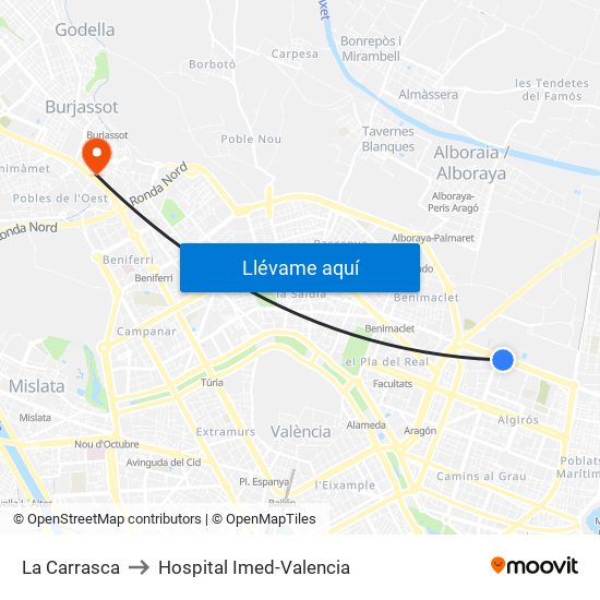 La Carrasca to Hospital Imed-Valencia map