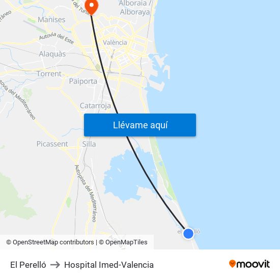 El Perelló to Hospital Imed-Valencia map