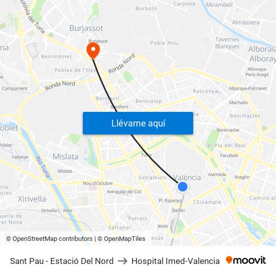 Estació Del Nord - Sant Pau to Hospital Imed-Valencia map