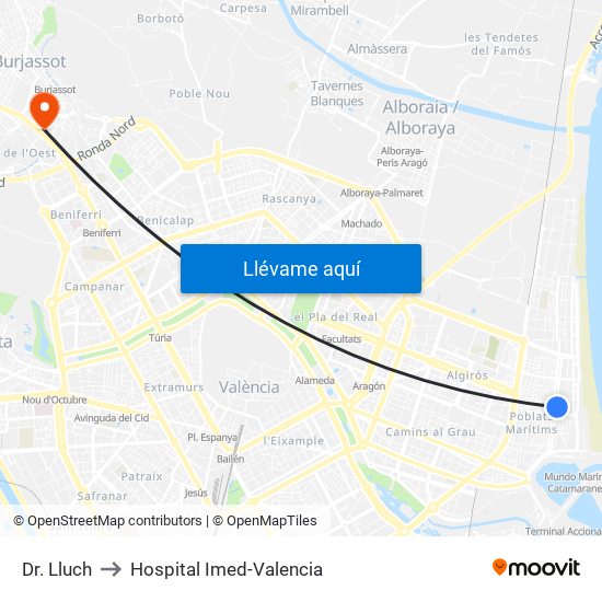 Dr. Lluch to Hospital Imed-Valencia map