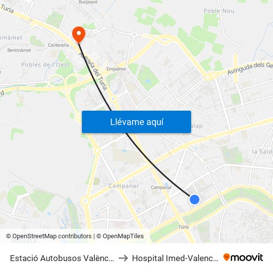 Estació Autobusos València to Hospital Imed-Valencia map