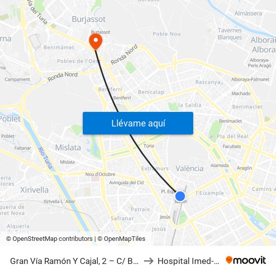 Gran Vía Ramón Y Cajal, 2 – C/ Bailén [València] to Hospital Imed-Valencia map