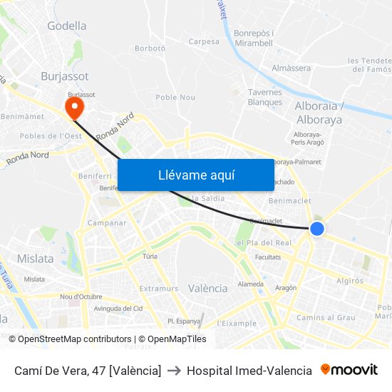 Camí De Vera, 47 [València] to Hospital Imed-Valencia map