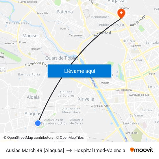 Ausias March 49 [Alaquàs] to Hospital Imed-Valencia map
