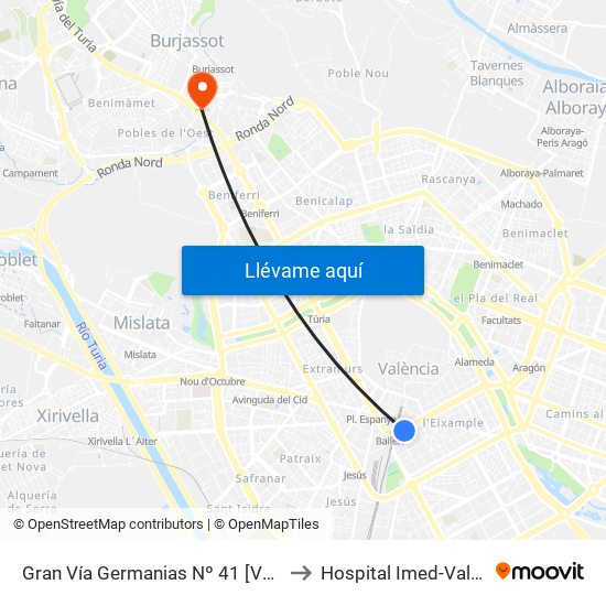 Gran Vía Germanias Nº 41 [València] to Hospital Imed-Valencia map