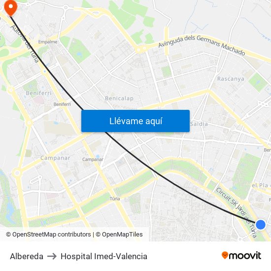 Albereda to Hospital Imed-Valencia map