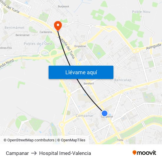 Campanar to Hospital Imed-Valencia map
