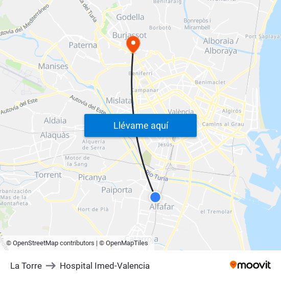 La Torre to Hospital Imed-Valencia map