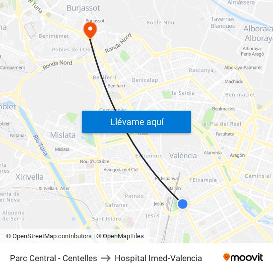 Parc Central to Hospital Imed-Valencia map