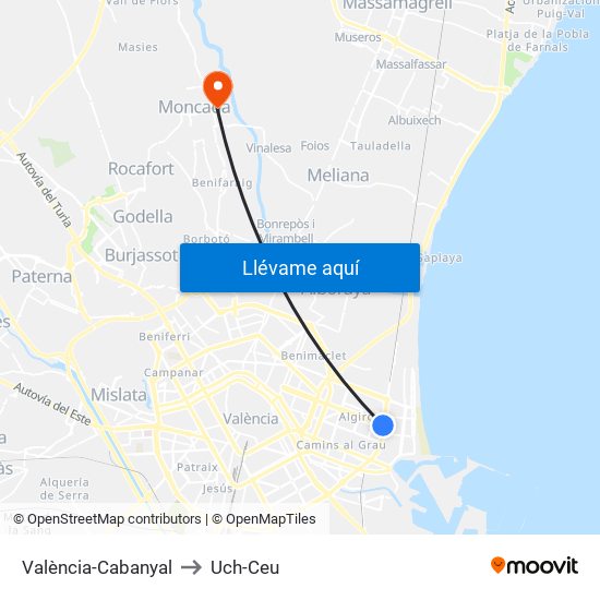 València-Cabanyal to Uch-Ceu map