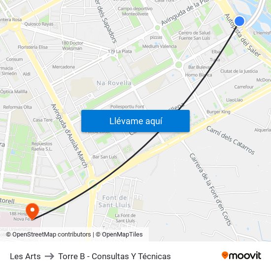 Les Arts to Torre B - Consultas Y Técnicas map