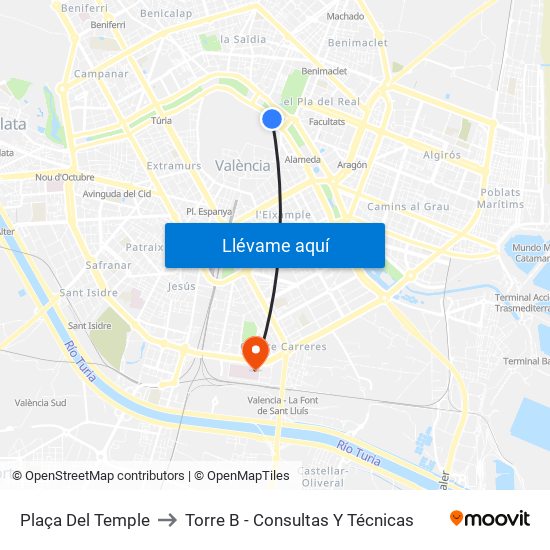 Plaça Del Temple to Torre B - Consultas Y Técnicas map