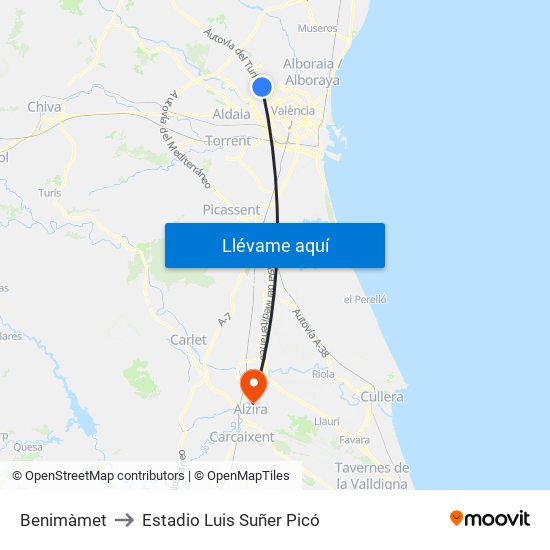 Benimàmet to Estadio Luis Suñer Picó map