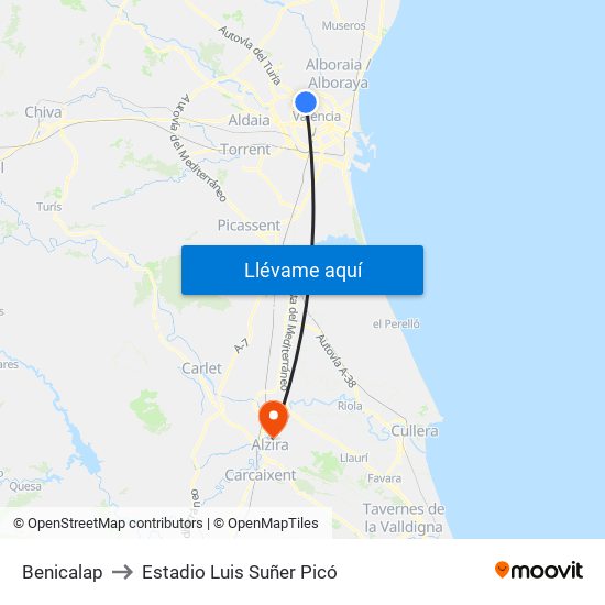 Benicalap to Estadio Luis Suñer Picó map