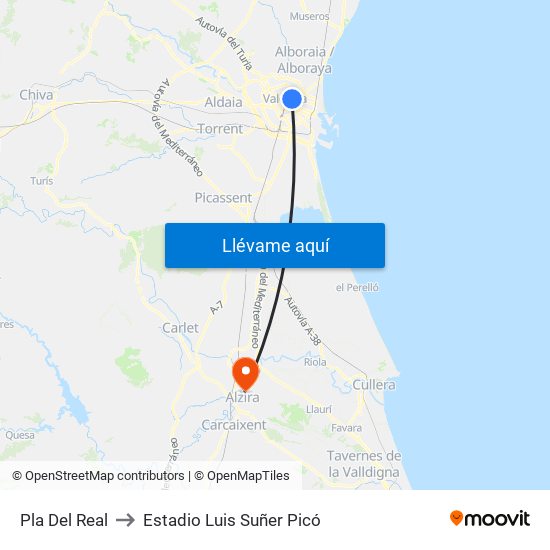 Pla Del Real to Estadio Luis Suñer Picó map