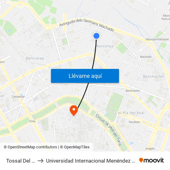 Tossal Del Rei to Universidad Internacional Menéndez Pelayo map