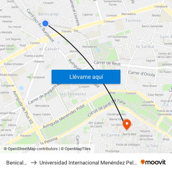 Benicalap to Universidad Internacional Menéndez Pelayo map